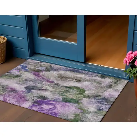 Lavender Ivory And Olive Green Abstract Washable Indoor Outdoor Area Rug Photo 2