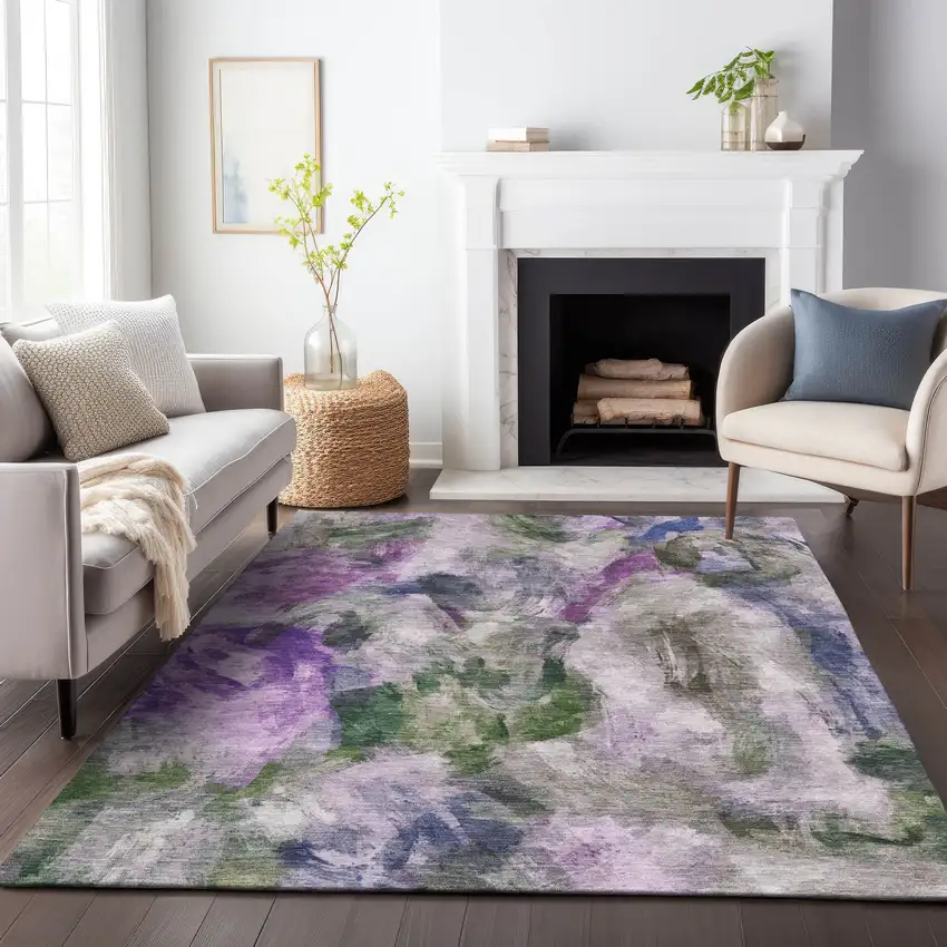 Lavender Ivory And Olive Green Abstract Washable Indoor Outdoor Area Rug Photo 7