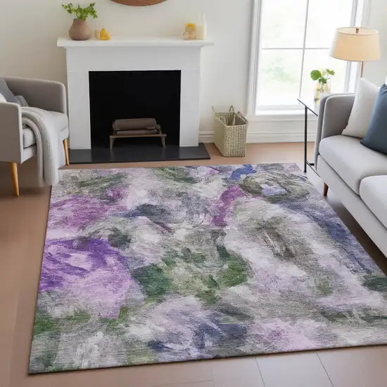 Lavender Ivory And Olive Green Abstract Washable Indoor Outdoor Area Rug Photo 6