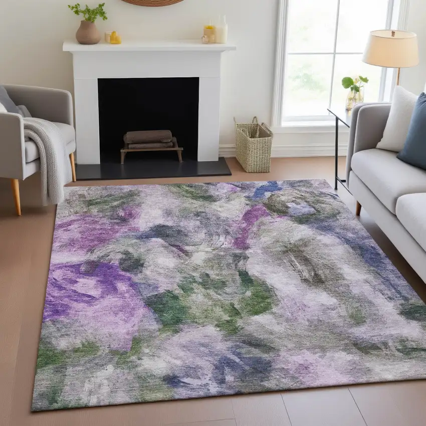 Lavender Ivory And Olive Green Abstract Washable Indoor Outdoor Area Rug Photo 6
