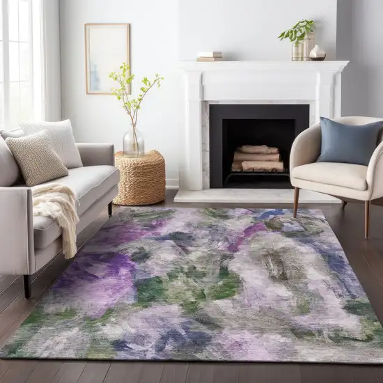 Lavender Ivory And Olive Green Abstract Washable Indoor Outdoor Area Rug Photo 9