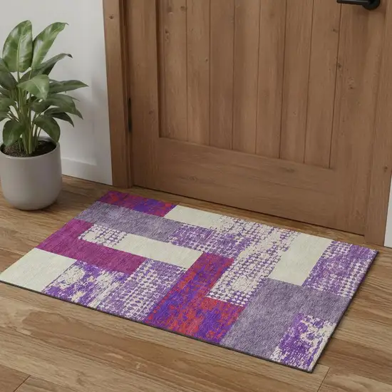 Lavender Ivory And Orange Geometric Washable Area Rug With UV Protection Photo 2