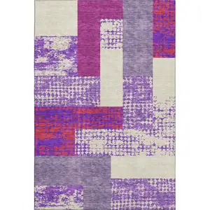 Photo of Lavender Ivory And Orange Geometric Washable Area Rug With UV Protection
