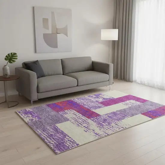 Lavender Ivory And Orange Geometric Washable Area Rug With UV Protection Photo 2