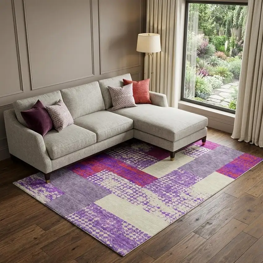 Lavender Ivory And Orange Geometric Washable Area Rug With UV Protection Photo 1