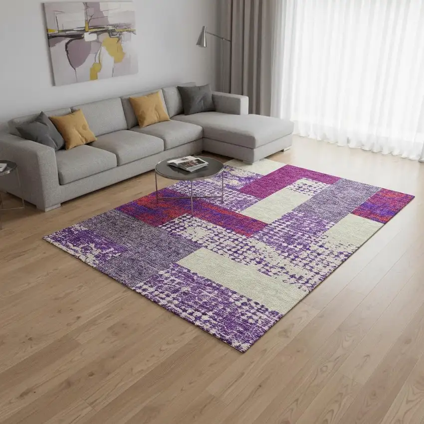 Lavender Ivory And Orange Geometric Washable Area Rug With UV Protection Photo 2