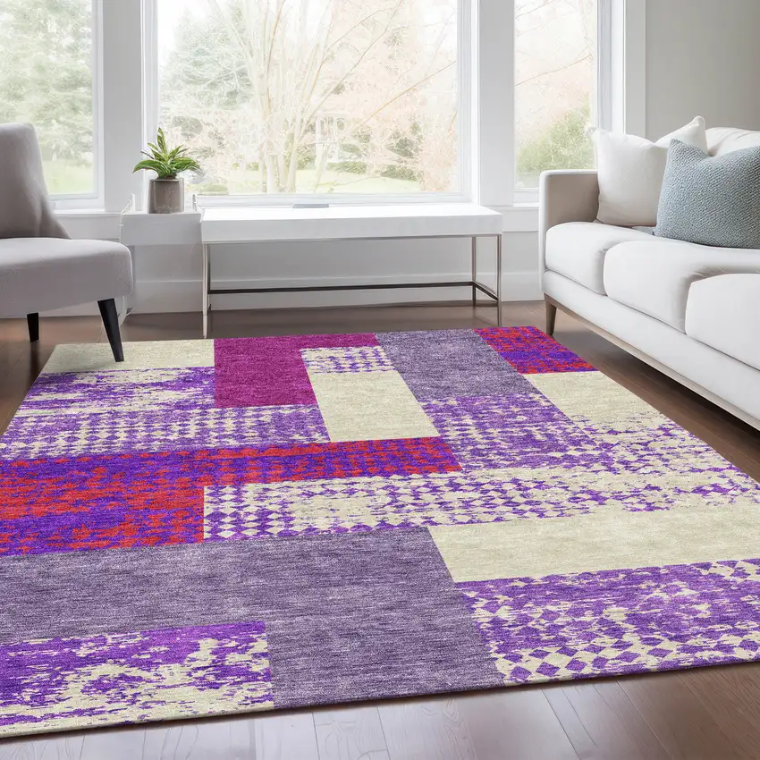 Lavender Ivory And Orange Geometric Washable Area Rug With UV Protection Photo 4