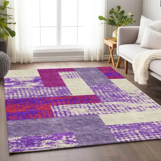 Lavender Ivory And Orange Geometric Washable Area Rug With UV Protection Photo 3