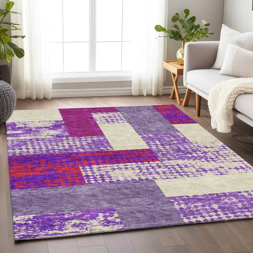 Lavender Ivory And Orange Geometric Washable Area Rug With UV Protection Photo 3
