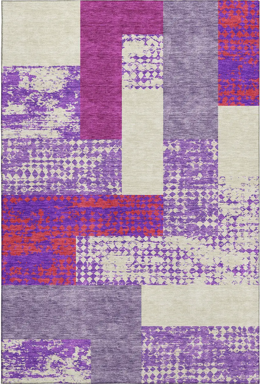 Lavender Ivory And Orange Geometric Washable Area Rug With UV Protection Photo 1