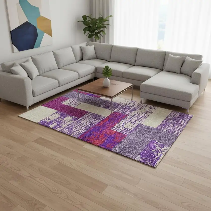 Lavender Ivory And Orange Geometric Washable Area Rug With UV Protection Photo 2