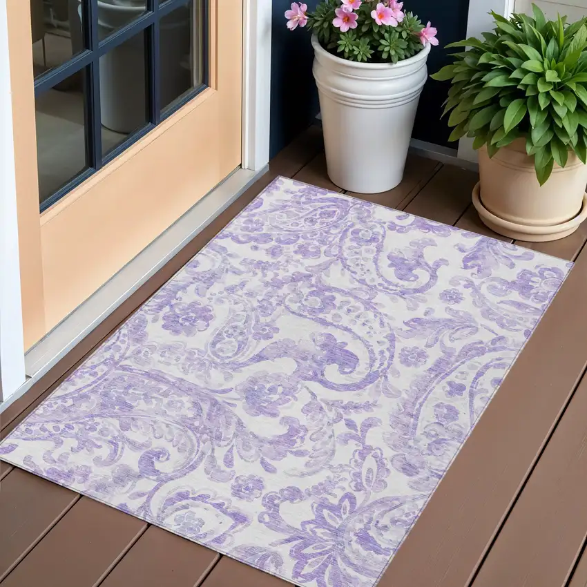 Lavender Ivory And Purple Paisley Washable Indoor Outdoor Area Rug Photo 1