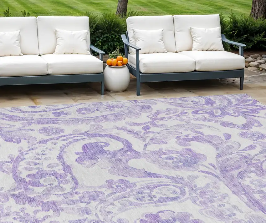 Lavender Ivory And Purple Paisley Washable Indoor Outdoor Area Rug Photo 1