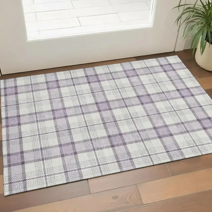 Lavender Ivory And Purple Plaid Washable Area Rug With UV Protection Photo 1
