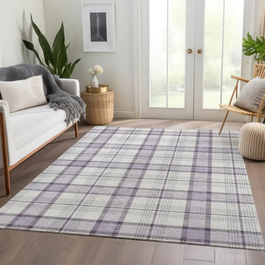 Lavender Ivory And Purple Plaid Washable Area Rug With UV Protection Photo 5