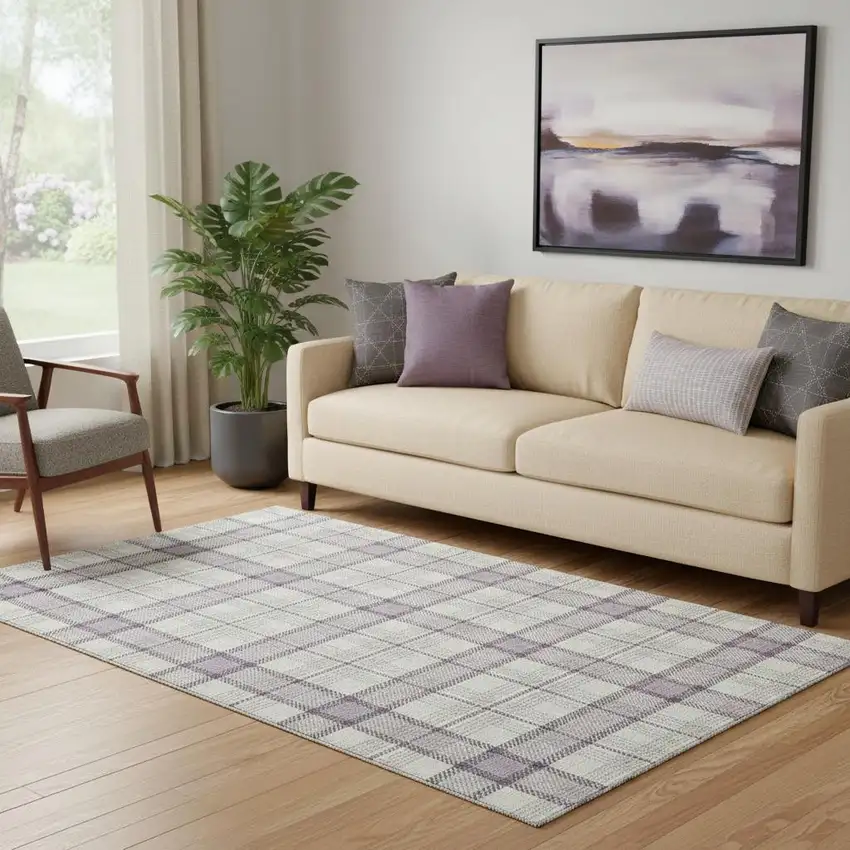 Lavender Ivory And Purple Plaid Washable Area Rug With UV Protection Photo 2