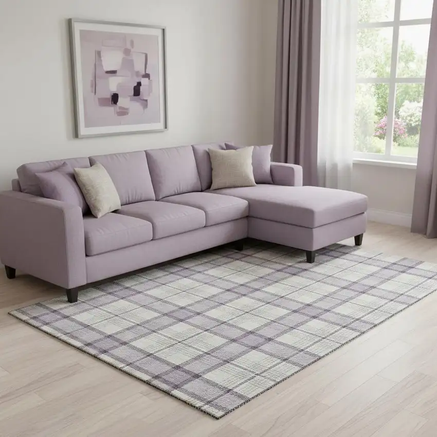 Lavender Ivory And Purple Plaid Washable Area Rug With UV Protection Photo 2