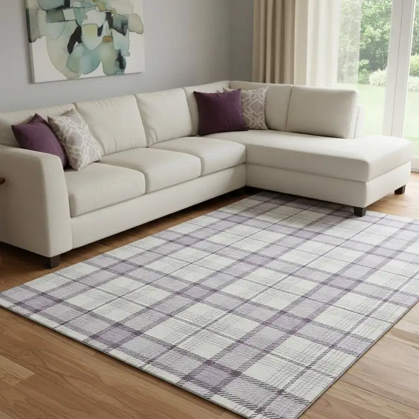 Lavender Ivory And Purple Plaid Washable Area Rug With UV Protection Photo 2