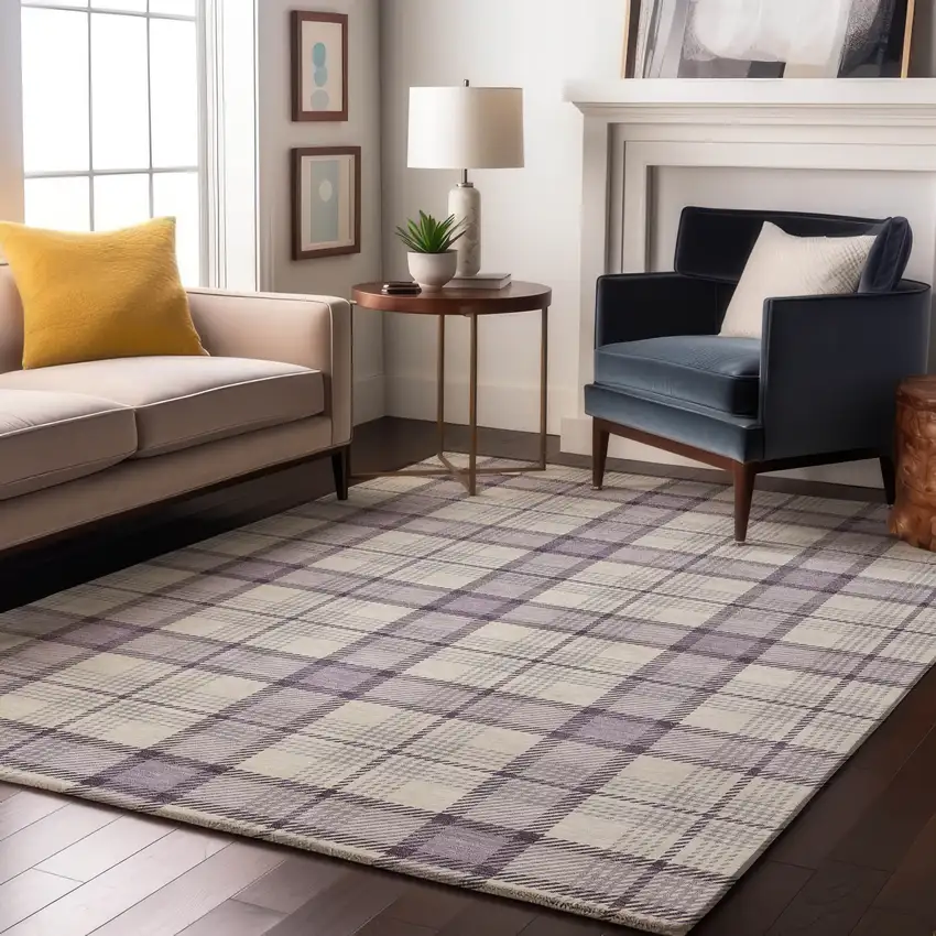 Lavender Ivory And Purple Plaid Washable Area Rug With UV Protection Photo 4