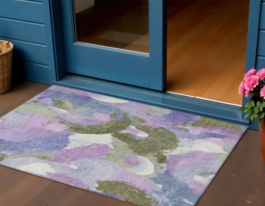 Lavender Ivory And Sage Abstract Washable Indoor Outdoor Area Rug Photo 2