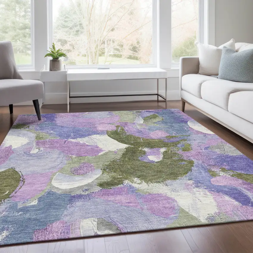Lavender Ivory And Sage Abstract Washable Indoor Outdoor Area Rug Photo 6