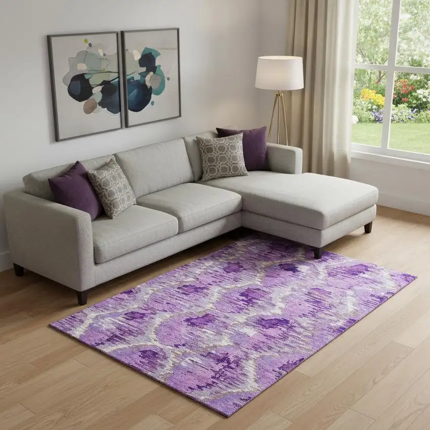 Lavender Ivory And Taupe Diamond Washable Area Rug With UV Protection Photo 1