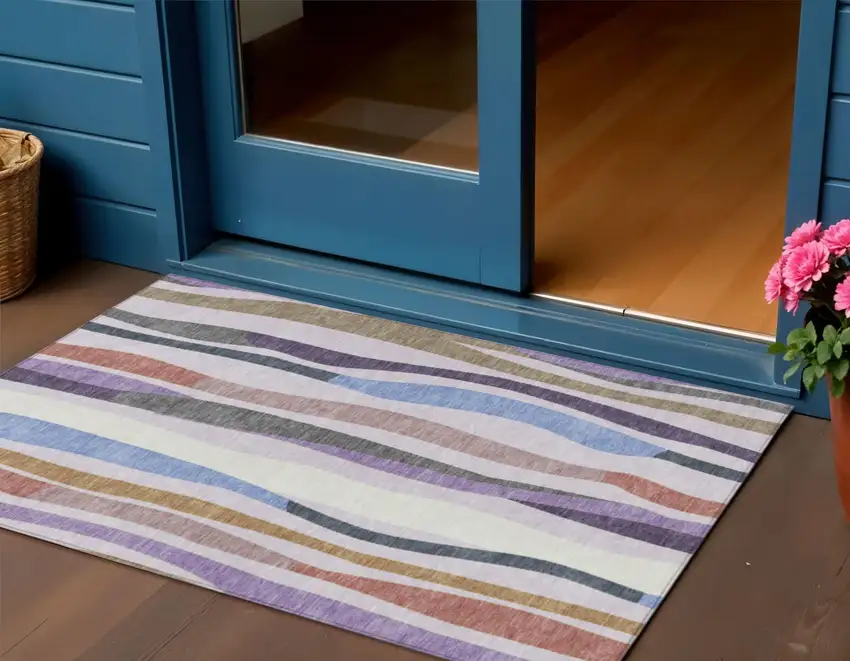 Lavender Ivory And Taupe Striped Washable Indoor Outdoor Area Rug Photo 2