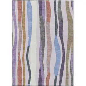 Photo of Lavender Ivory And Taupe Striped Washable Indoor Outdoor Area Rug