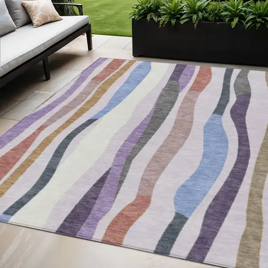 Lavender Ivory And Taupe Striped Washable Indoor Outdoor Area Rug Photo 2