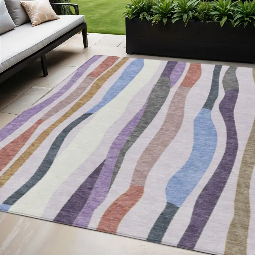 Lavender Ivory And Taupe Striped Washable Indoor Outdoor Area Rug Photo 2