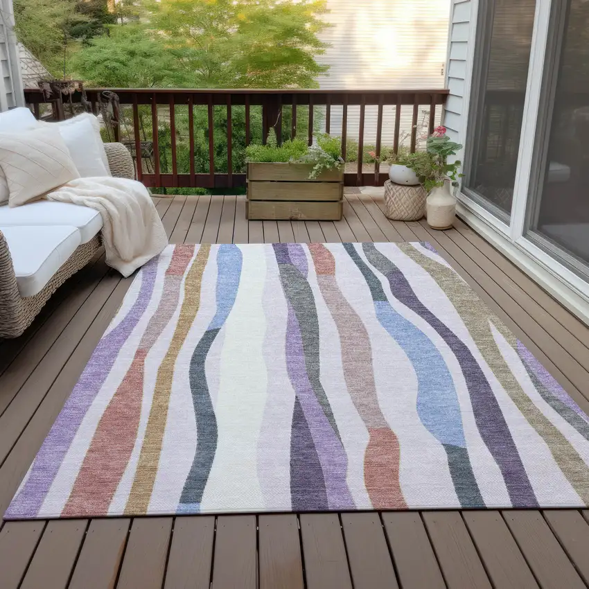 Lavender Ivory And Taupe Striped Washable Indoor Outdoor Area Rug Photo 6