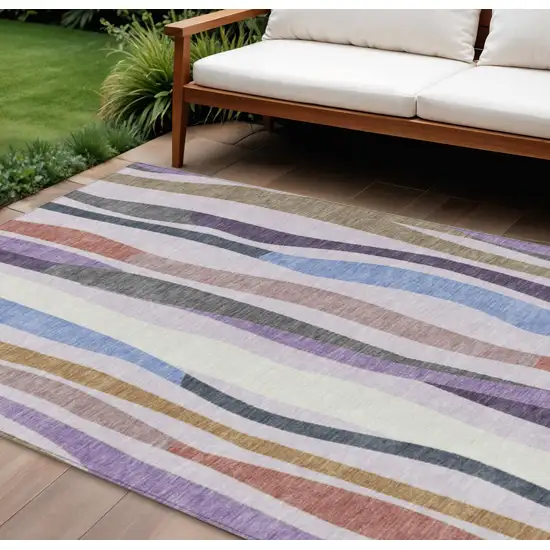 Lavender Ivory And Taupe Striped Washable Indoor Outdoor Area Rug Photo 2