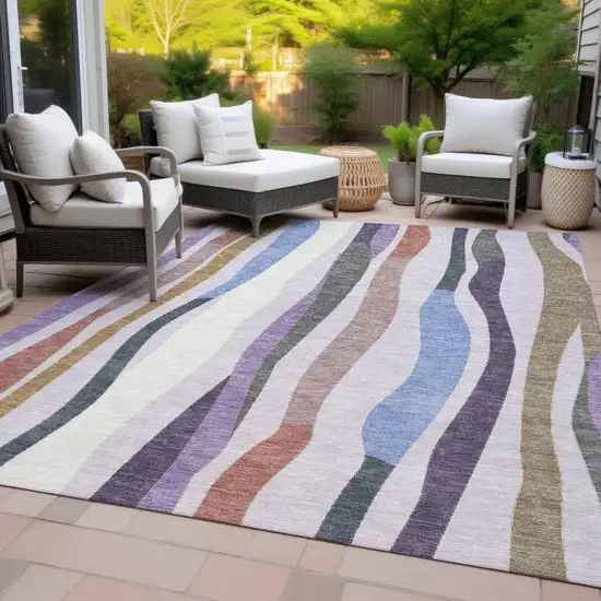 Lavender Ivory And Taupe Striped Washable Indoor Outdoor Area Rug Photo 9