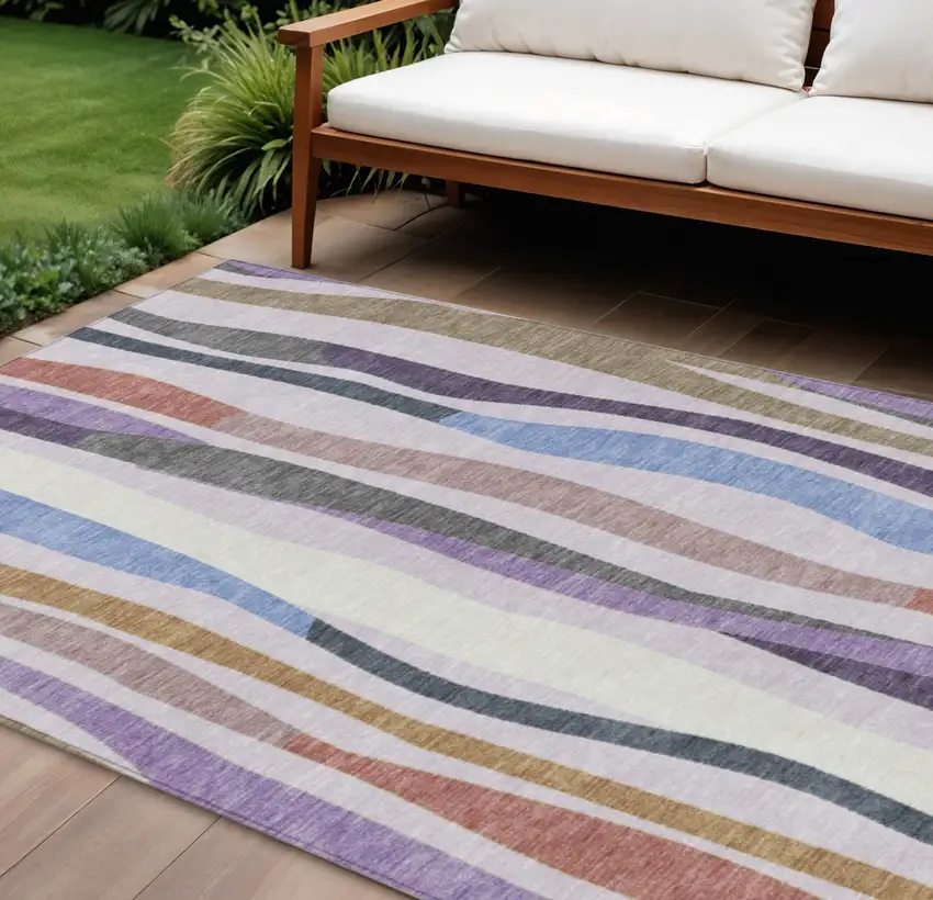Lavender Ivory And Taupe Striped Washable Indoor Outdoor Area Rug Photo 2