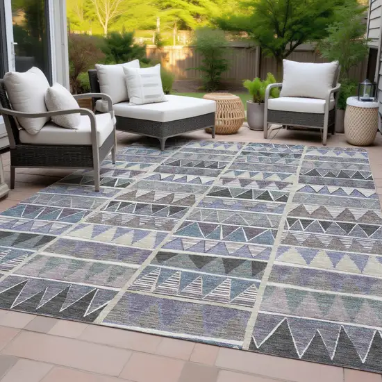 Lavender Ivory Taupe And Denim Blue Geometric Washable Indoor Outdoor Area Rug Photo 9