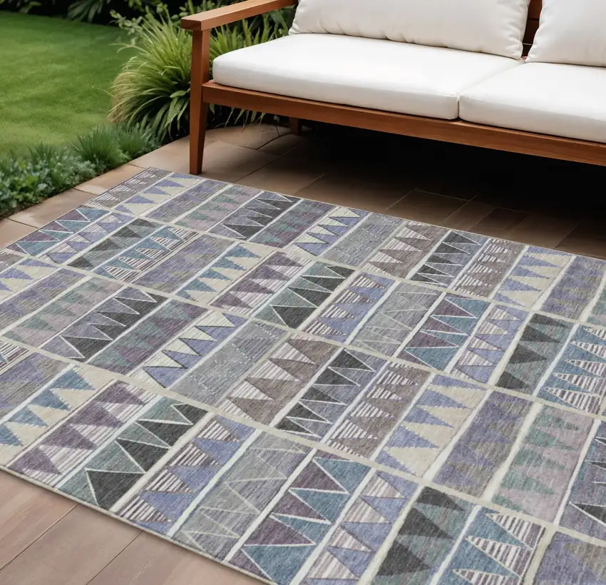 Lavender Ivory Taupe And Denim Blue Geometric Washable Indoor Outdoor Area Rug Photo 2