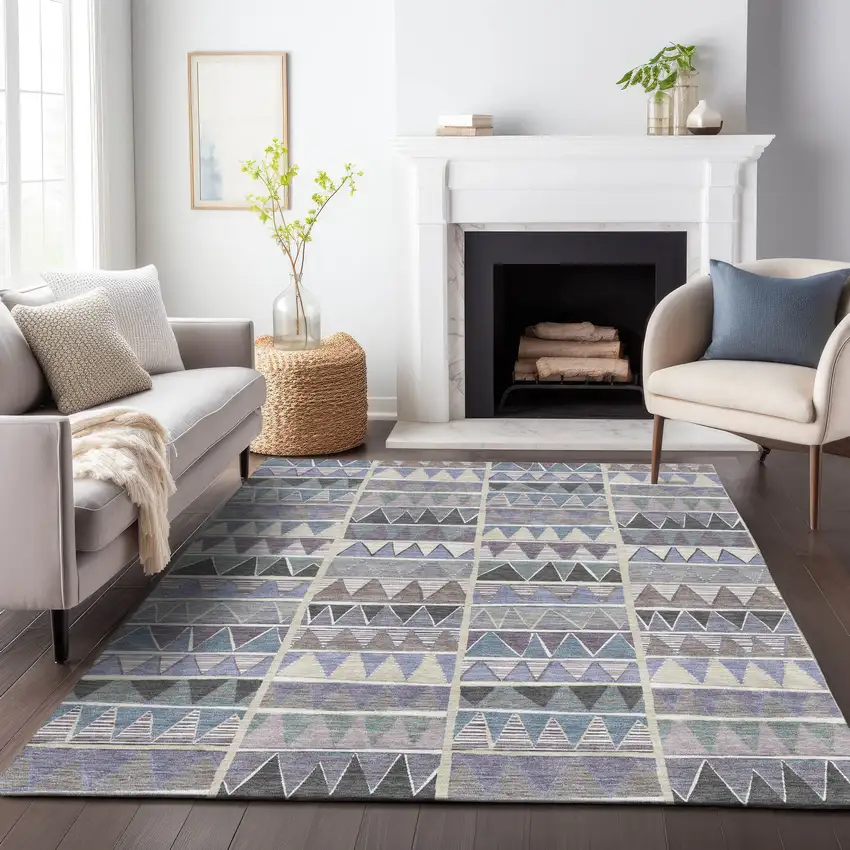 Lavender Ivory Taupe And Denim Blue Geometric Washable Indoor Outdoor Area Rug Photo 8