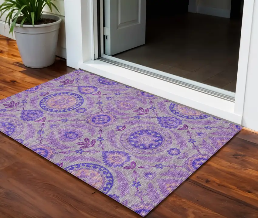 Lavender Lilac And Gray Floral Washable Indoor Outdoor Area Rug Photo 1