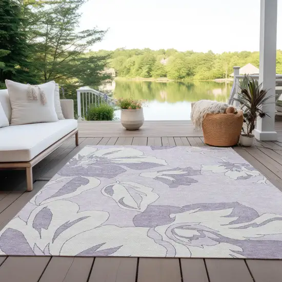 Lavender Lilac And Ivory Floral Washable Indoor Outdoor Area Rug Photo 9