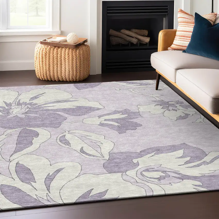 Lavender Lilac And Ivory Floral Washable Indoor Outdoor Area Rug Photo 8