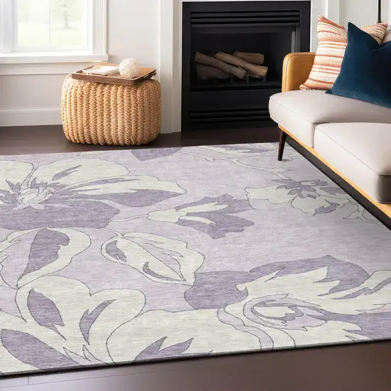 Lavender Lilac And Ivory Floral Washable Indoor Outdoor Area Rug Photo 8