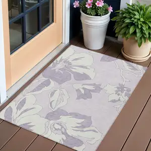 Photo of Lavender Lilac And Ivory Floral Washable Indoor Outdoor Area Rug