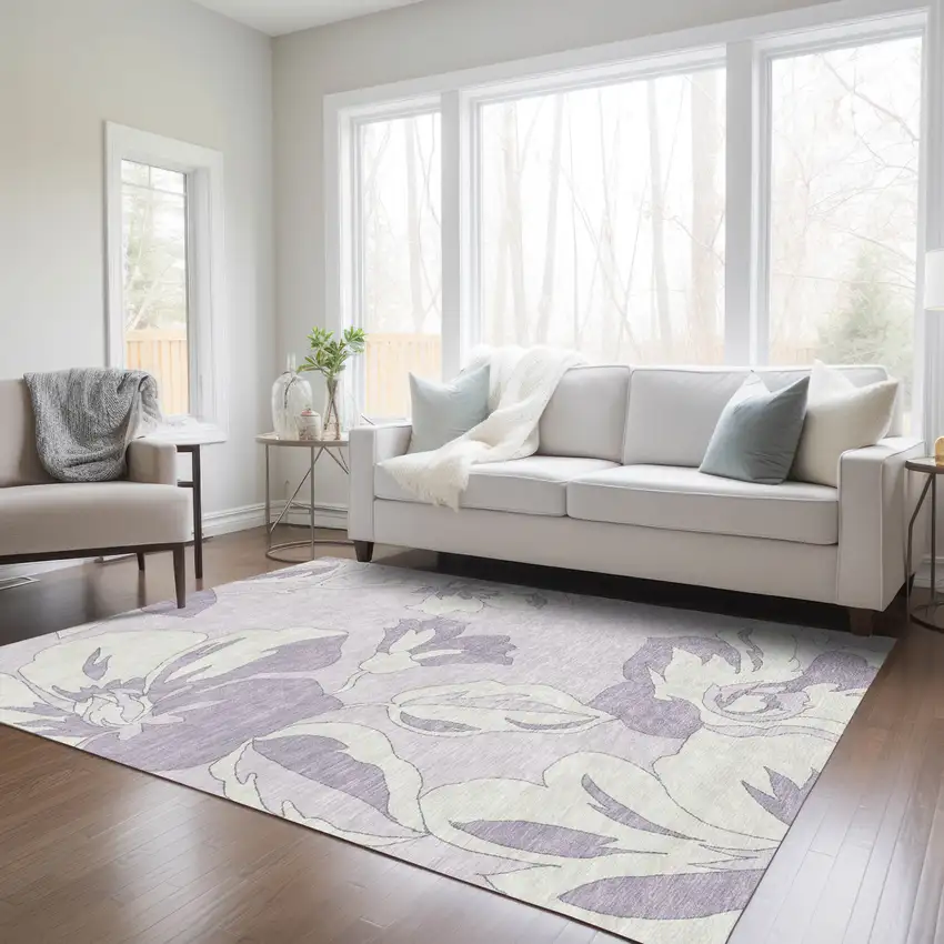 Lavender Lilac And Ivory Floral Washable Indoor Outdoor Area Rug Photo 9