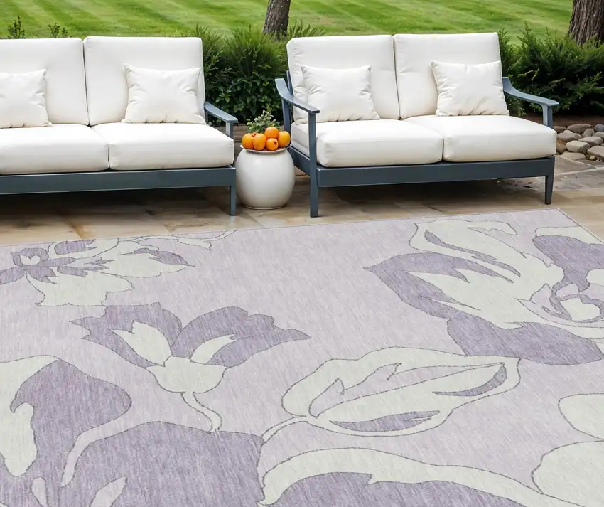 Lavender Lilac And Ivory Floral Washable Indoor Outdoor Area Rug Photo 1