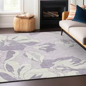 Photo of Lavender Lilac And Ivory Floral Washable Indoor Outdoor Area Rug