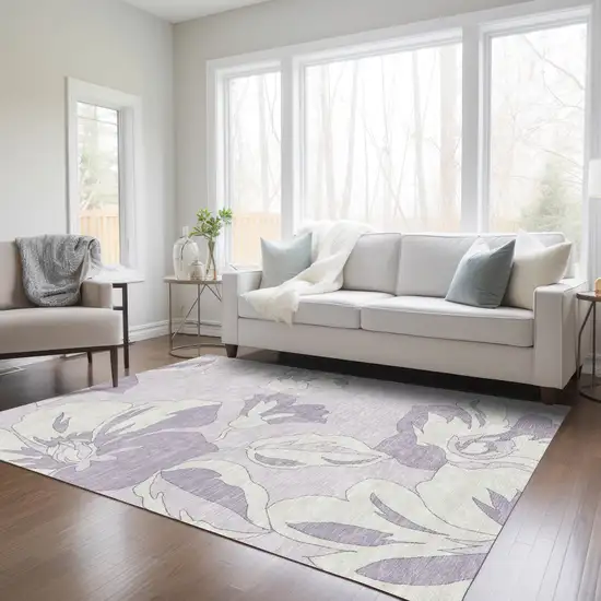 Lavender Lilac And Ivory Floral Washable Indoor Outdoor Area Rug Photo 9