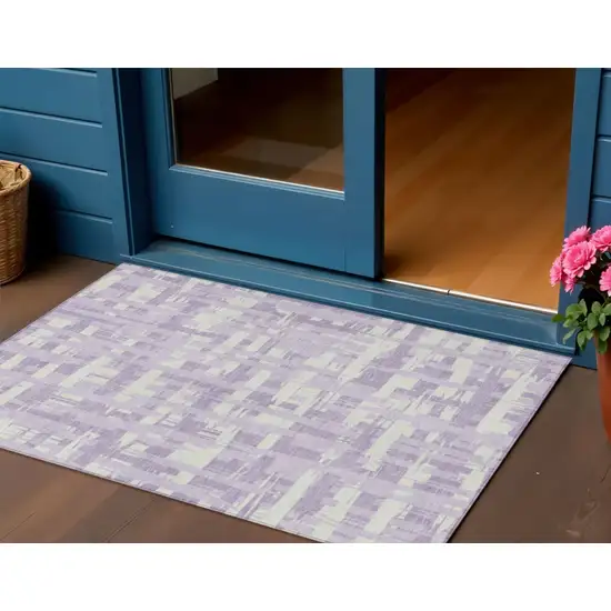 Lavender Lilac And Ivory Striped Washable Indoor Outdoor Area Rug Photo 2