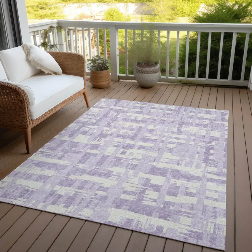 Lavender Lilac And Ivory Striped Washable Indoor Outdoor Area Rug Photo 5