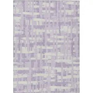 Photo of Lavender Lilac And Ivory Striped Washable Indoor Outdoor Area Rug