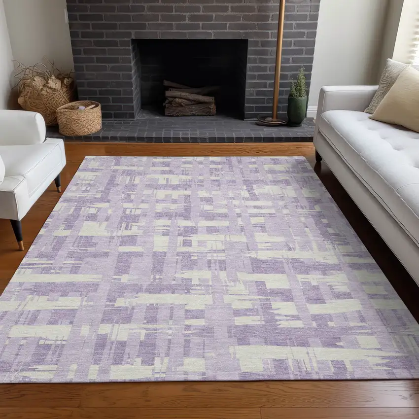 Lavender Lilac And Ivory Striped Washable Indoor Outdoor Area Rug Photo 7